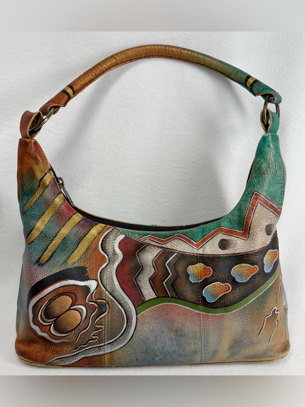 Vintage Hand Painted Abstract Leather Hobo Shoulder Bag Anuschka